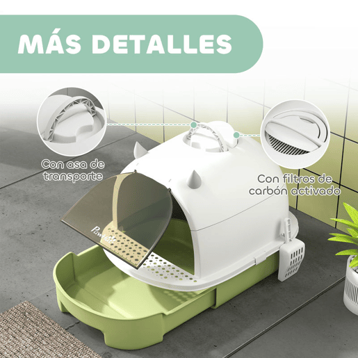 PawHut Caixa de Areia para Gatos Fechada Caixa de Areia para Gatos com Tampa e Bandeja Amovíveis Filtro de Carvão e Pá 40,5x52x39 cm Branco e Verde