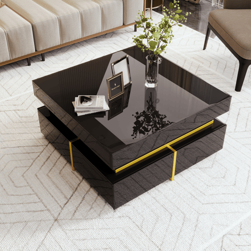 Mesa de centro quadrada de painel de partículas com 2 gavetas,preto