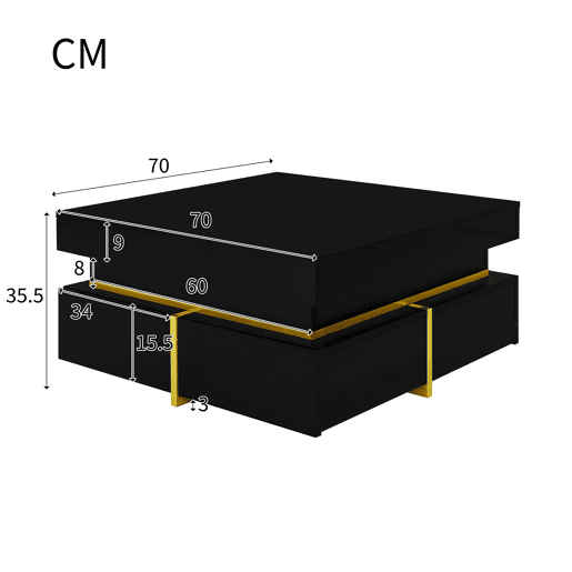 Mesa de centro quadrada de painel de partículas com 2 gavetas,preto