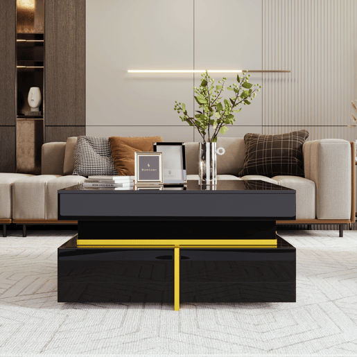 Mesa de centro quadrada de painel de partículas com 2 gavetas,preto