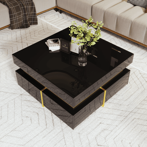 Mesa de centro quadrada de painel de partículas com 2 gavetas,preto