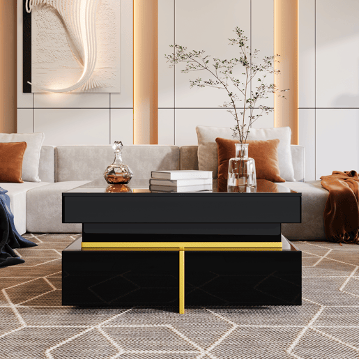 Mesa de centro quadrada de painel de partículas com 2 gavetas,preto