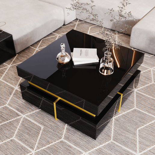 Mesa de centro quadrada de painel de partículas com 2 gavetas,preto