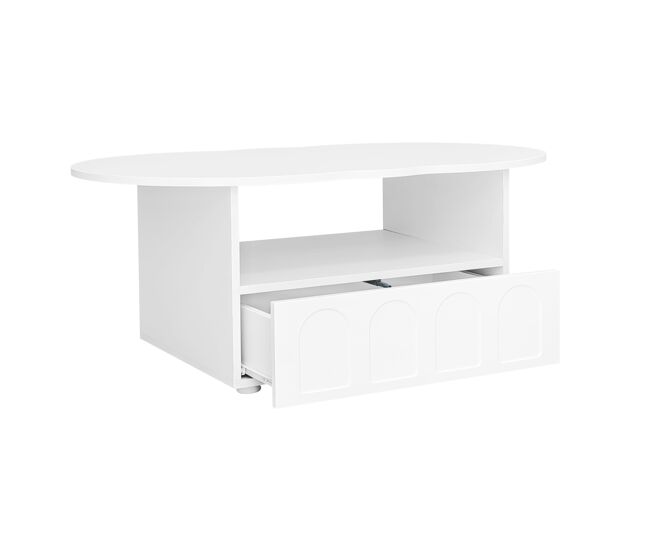 Mesa de centro curva de panel de partículas con 1 cajón,blanco