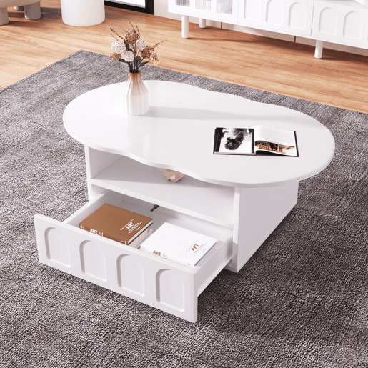 Mesa de centro curva de painel de partículas com 1 gaveta,branco