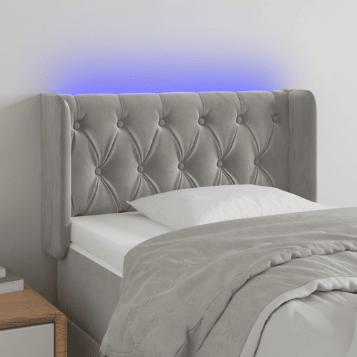 vidaXL Cabeceira de cama c luzes LED veludo 83x16x7888cm cinza-claro