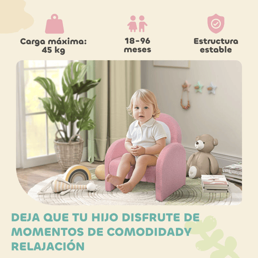 AIYAPLAY Poltrona para Crianças com Encosto em Forma de Arco-Íris Sofá para Crianças de 18-96 Meses Tecido Suave em Borrego Apoios de Braço Carga 45 kg 45x41x52 cm Rosa