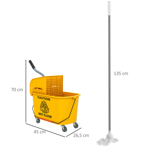 HOMCOM Balde de Limpeza com Esfregona e Rodas Capacidade de 20 L Balde de Limpeza com Sistema de Escurridor de Esfregona e Pega de Transporte para Doméstico e Comercial 45x26,5x70 cm Amarelo