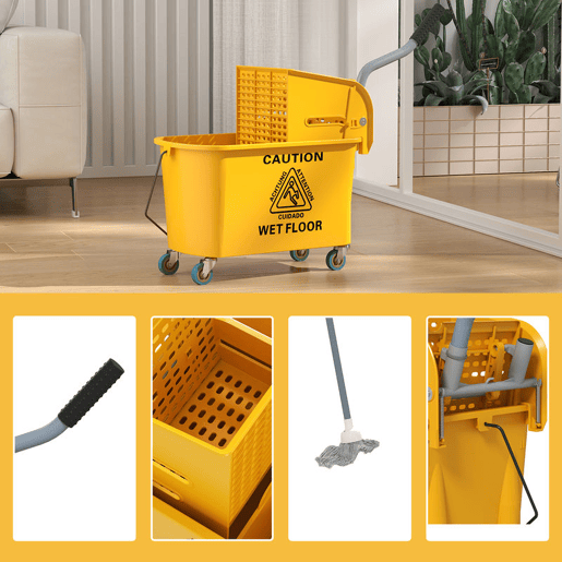 HOMCOM Balde de Limpeza com Esfregona e Rodas Capacidade de 20 L Balde de Limpeza com Sistema de Escurridor de Esfregona e Pega de Transporte para Doméstico e Comercial 45x26,5x70 cm Amarelo