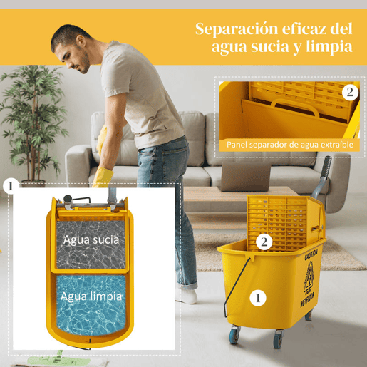 HOMCOM Balde de Limpeza com Esfregona e Rodas Capacidade de 20 L Balde de Limpeza com Sistema de Escurridor de Esfregona e Pega de Transporte para Doméstico e Comercial 45x26,5x70 cm Amarelo