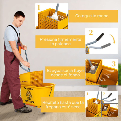 HOMCOM Balde de Limpeza com Esfregona e Rodas Capacidade de 20 L Balde de Limpeza com Sistema de Escurridor de Esfregona e Pega de Transporte para Doméstico e Comercial 45x26,5x70 cm Amarelo