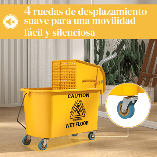 HOMCOM Balde de Limpeza com Esfregona e Rodas Capacidade de 20 L Balde de Limpeza com Sistema de Escurridor de Esfregona e Pega de Transporte para Doméstico e Comercial 45x26,5x70 cm Amarelo