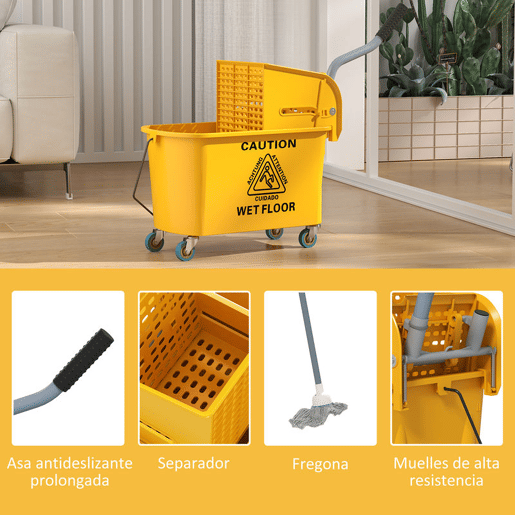 HOMCOM Balde de Limpeza com Esfregona e Rodas Capacidade de 20 L Balde de Limpeza com Sistema de Escurridor de Esfregona e Pega de Transporte para Doméstico e Comercial 45x26,5x70 cm Amarelo