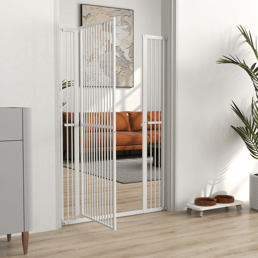 PawHut Barreira para Cães Extra Alta Barreira para Cães com Largura Ajustável 77-104 cm Barreira de Segurança para Cães e Gatos com 2 Extensões e Porta para Escadas e Corredores Branco