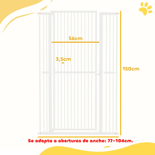 PawHut Barreira para Cães Extra Alta Barreira para Cães com Largura Ajustável 77-104 cm Barreira de Segurança para Cães e Gatos com 2 Extensões e Porta para Escadas e Corredores Branco