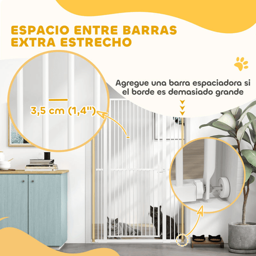 PawHut Barreira para Cães Extra Alta Barreira para Cães com Largura Ajustável 77-104 cm Barreira de Segurança para Cães e Gatos com 2 Extensões e Porta para Escadas e Corredores Branco