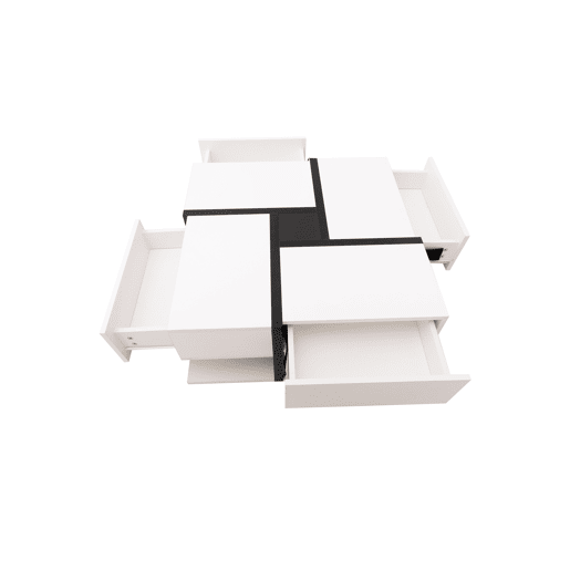 Mesa de centro quadrada de painel de partículas com 4 gavetas,branco+preto