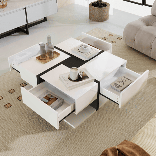 Mesa de centro quadrada de painel de partículas com 4 gavetas,branco+preto
