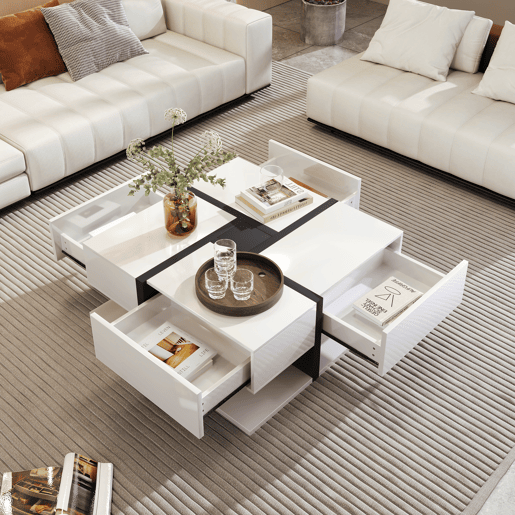 Mesa de centro quadrada de painel de partículas com 4 gavetas,branco+preto