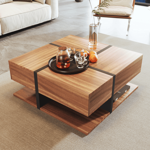 Mesa de centro quadrada de painel de partículas com 4 gavetas,natural