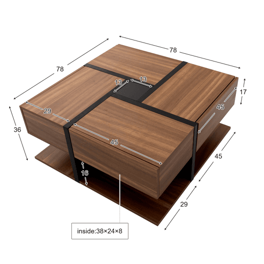 Mesa de centro quadrada de painel de partículas com 4 gavetas,natural