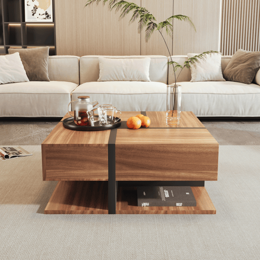 Mesa de centro quadrada de painel de partículas com 4 gavetas,natural
