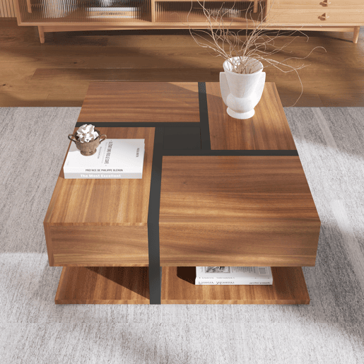 Mesa de centro quadrada de painel de partículas com 4 gavetas,natural