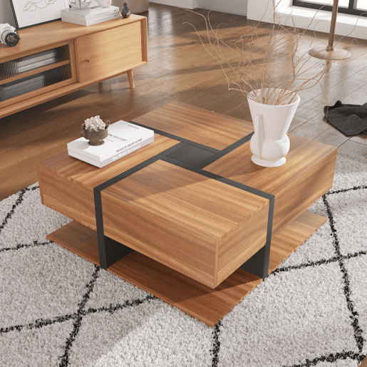 Mesa de centro quadrada de painel de partículas com 4 gavetas,natural