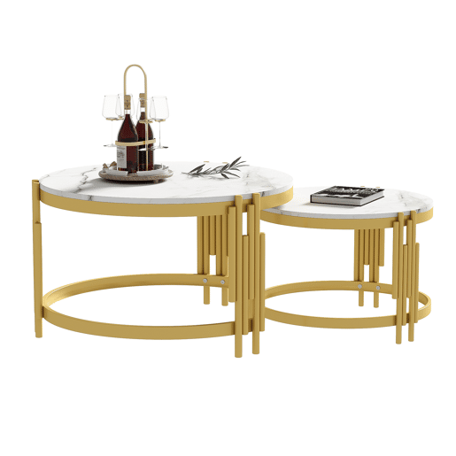 Conjunto de 2 mesas de centro redondas de MDF e metal,branco+dourado Conjunto de 2 mesas de centro redondas de MDF e metal,branco+dourado