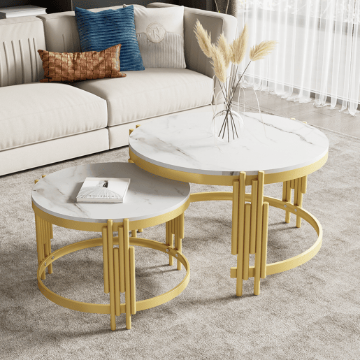 Conjunto de 2 mesas de centro redondas de MDF e metal,branco+dourado Conjunto de 2 mesas de centro redondas de MDF e metal,branco+dourado