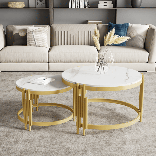 Conjunto de 2 mesas de centro redondas de MDF e metal,branco+dourado Conjunto de 2 mesas de centro redondas de MDF e metal,branco+dourado