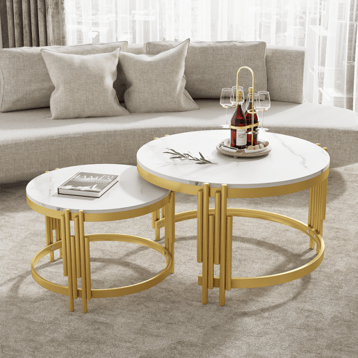 Conjunto de 2 mesas de centro redondas de MDF e metal,branco+dourado Conjunto de 2 mesas de centro redondas de MDF e metal,branco+dourado