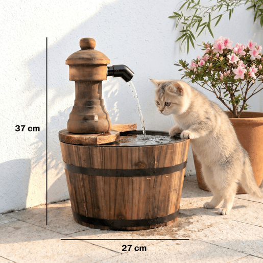 Outsunny Fonte de Água de Madeira Fonte de Jardim em Cascata com Bomba Elétrica e Saída de Água Ajustável para Decoração Pátio Varanda 27x27x37 cm Madeira