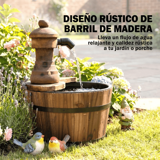 Outsunny Fonte de Água de Madeira Fonte de Jardim em Cascata com Bomba Elétrica e Saída de Água Ajustável para Decoração Pátio Varanda 27x27x37 cm Madeira