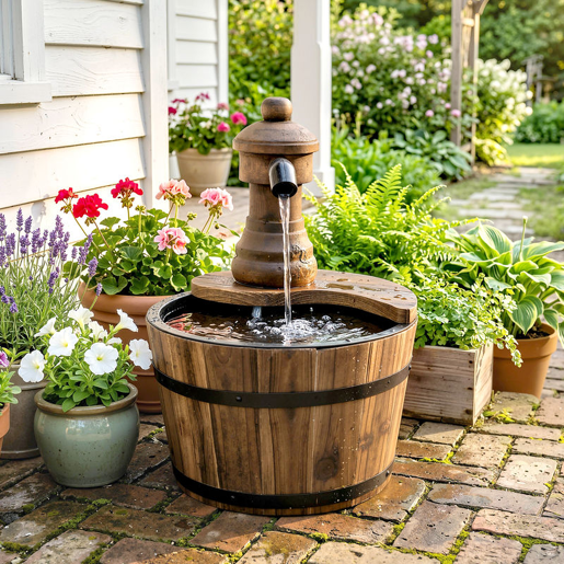 Outsunny Fonte de Água de Madeira Fonte de Jardim em Cascata com Bomba Elétrica e Saída de Água Ajustável para Decoração Pátio Varanda 27x27x37 cm Madeira