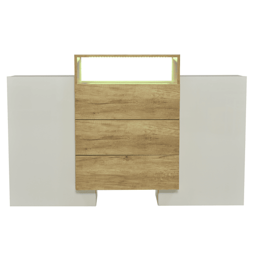 Aparador de mdf com 2 portas,3 gavetas e luz led,branco+natural