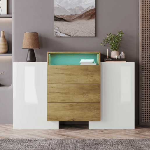 Aparador de mdf com 2 portas,3 gavetas e luz led,branco+natural