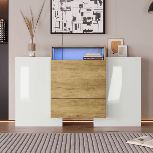 Aparador de mdf com 2 portas,3 gavetas e luz led,branco+natural