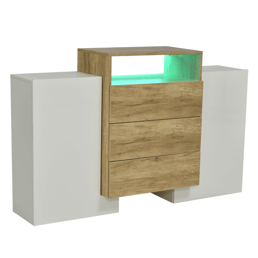 Aparador de mdf com 2 portas,3 gavetas e luz led,branco+natural