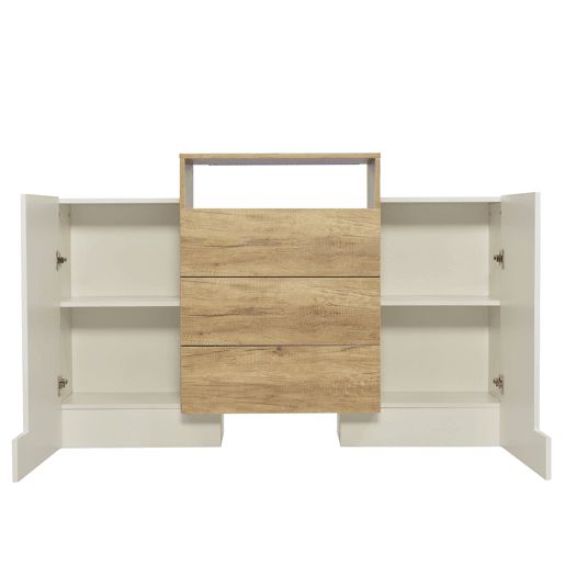 Aparador de mdf com 2 portas,3 gavetas e luz led,branco+natural