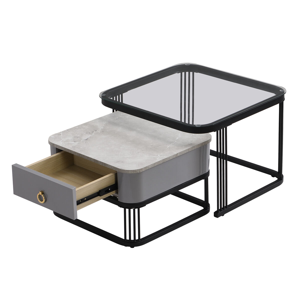 Juego de 2 mesas de centro nido cuadradas de MDF con 1 cajón 60x60 Negro/ Gris