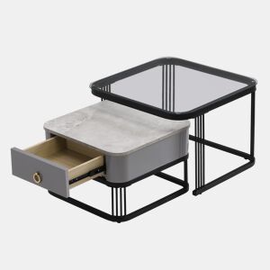 Conjunto de 2 mesas de centro quadradas de MDF com 1 gaveta,cinzento+preto