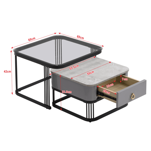 Conjunto de 2 mesas de centro quadradas de MDF com 1 gaveta,cinzento+preto