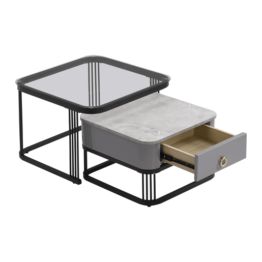 Conjunto de 2 mesas de centro quadradas de MDF com 1 gaveta,cinzento+preto