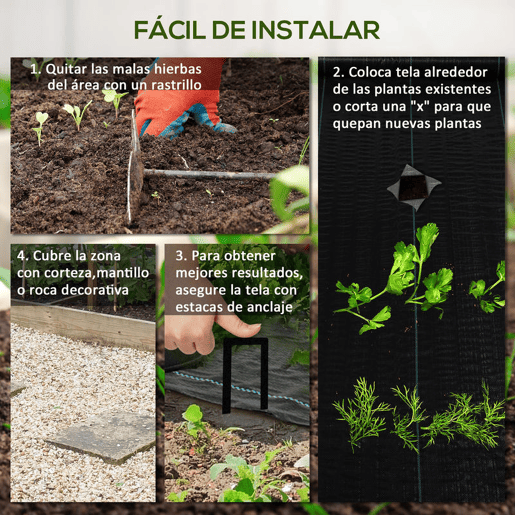 Outsunny Rolo de Malha Anti-Ervas 2x25 m Malha Geotêxtil 60 gm² para Controlo de Ervas Daninhas de Jardim Malha Anti-Ervas Preta