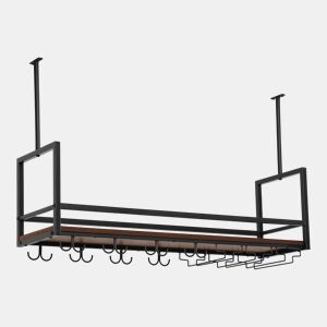 Garrafeira com suporte para copos Borejle metal 100x30x65cm PretoNogueira en.casa