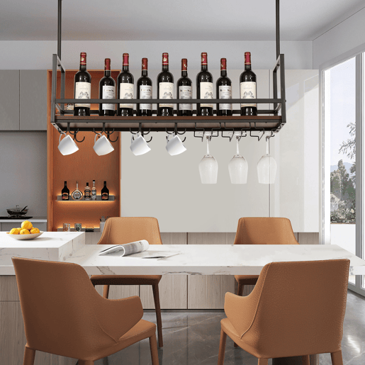 Garrafeira com suporte para copos Borejle metal 100x30x65cm PretoNogueira en.casa