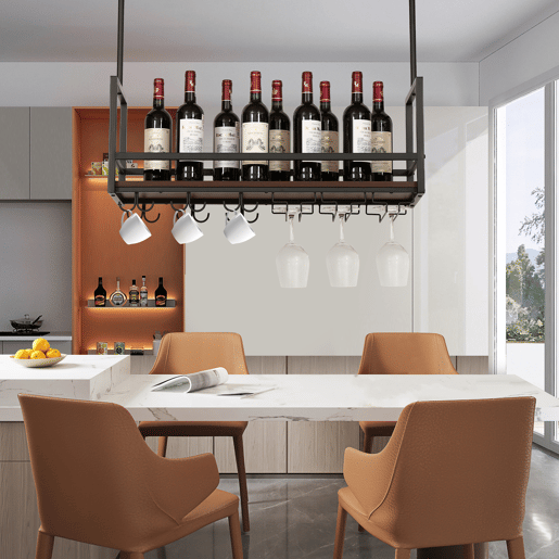 Garrafeira com suporte para copos Borejle metal 80x30x65cm PretoNogueira en.casa