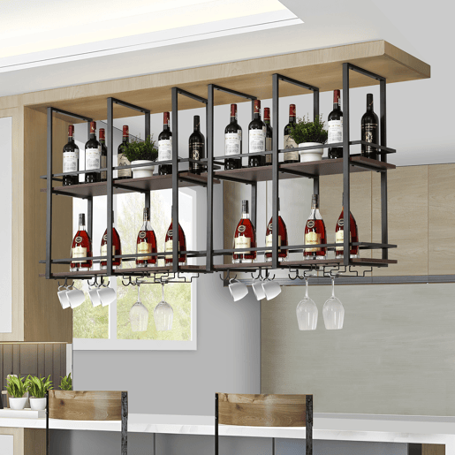 Garrafeira Hubro de teto com suporte para copos 80x30x85cm PretoNogueira en.casa