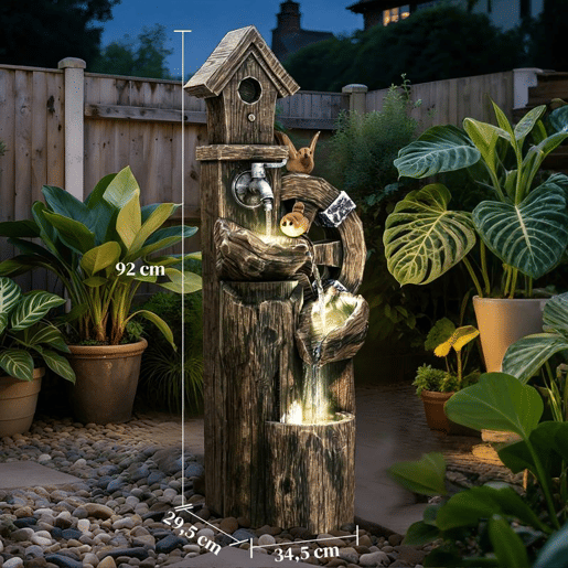 Outsunny Fonte de Jardim 2 em 1 com Casa para Pássaros Fonte de Água de Exterior com Luzes LED Bomba Fonte Decorativa com Troncos de Árvore Multicor